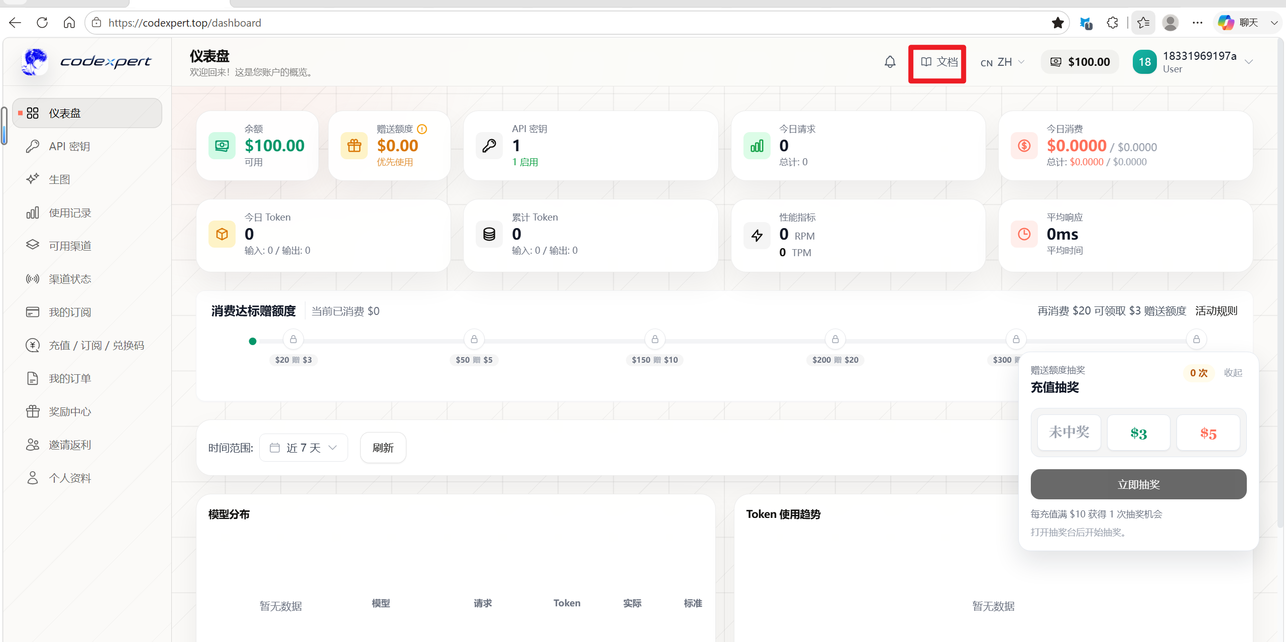 Codexpert 仪表盘顶部，标出文档入口